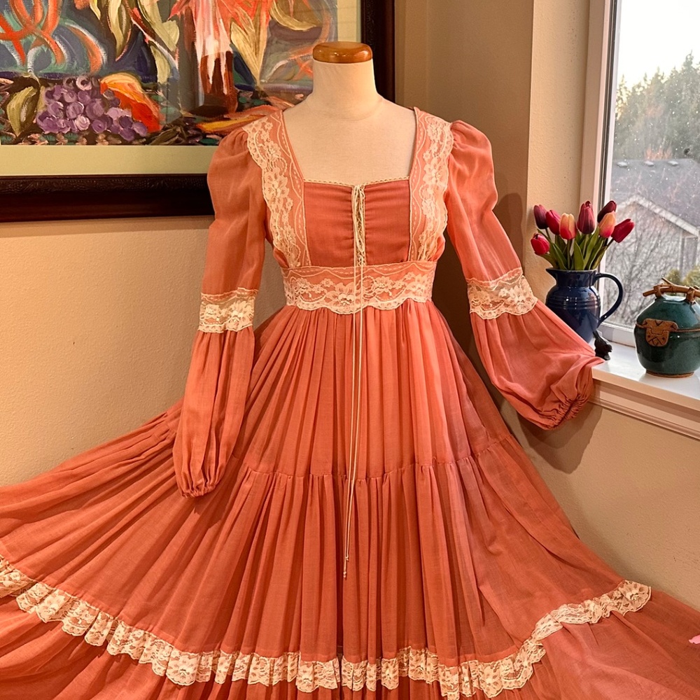 Vtg 70s Gunne Sax Victorian Maxi Prairie Corset Dress Rose Pink - Vtg 9 or S - Picture 10 of 15